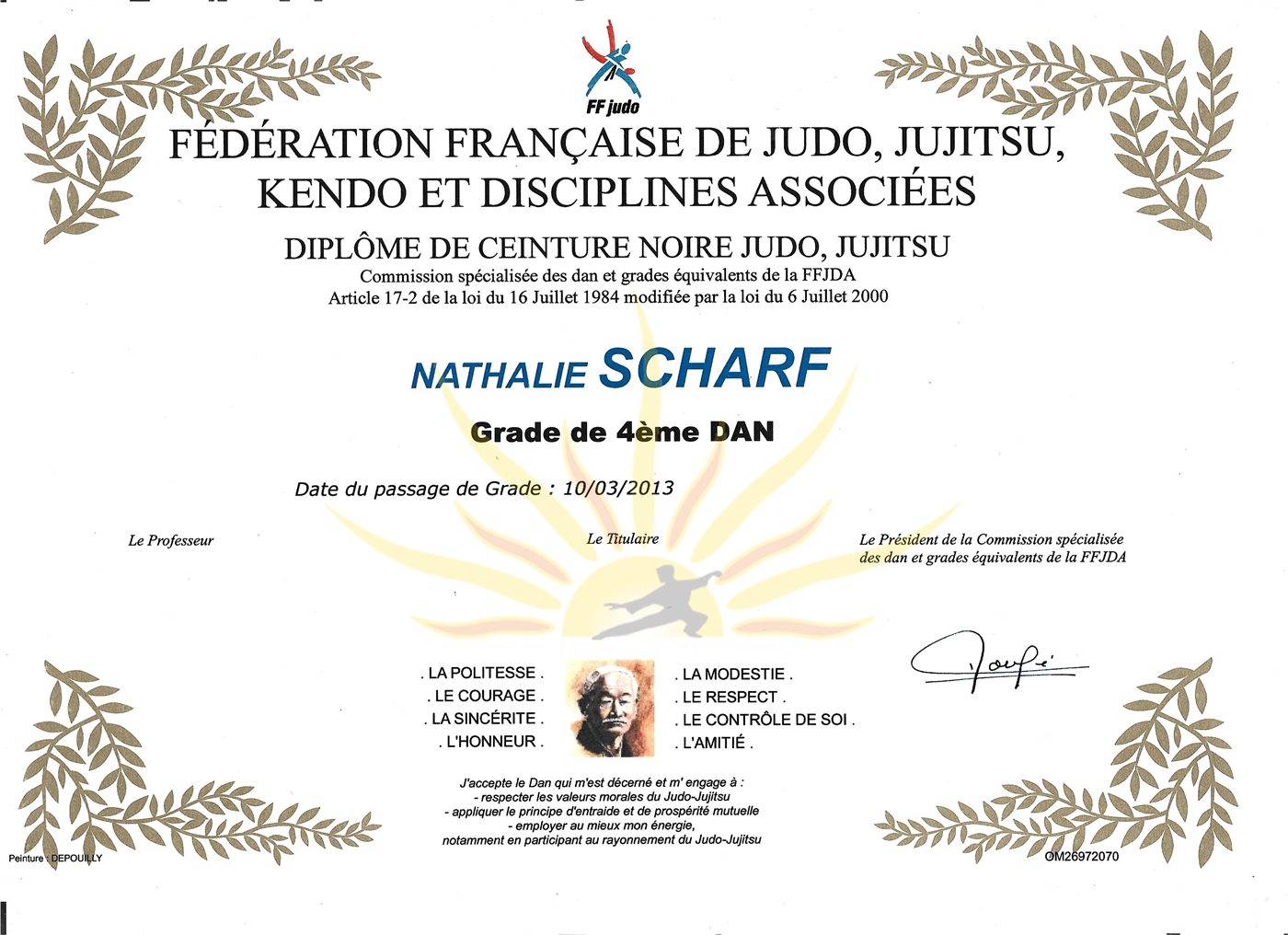 Diplôme 4e dan judo ju-jitsu